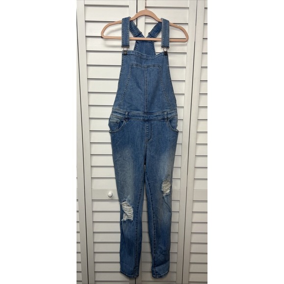 New York & Company Distressed Stretch Denim Overalls Size Large Medium Wash NWT - Picture 1 of 8